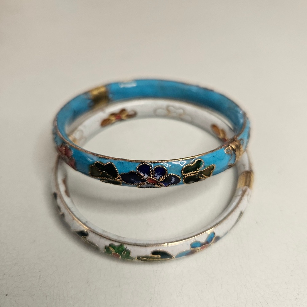 Vintageβ Cloisonne Enamel Floral Bangle Bracelet Set Turquoise Blue White Gold